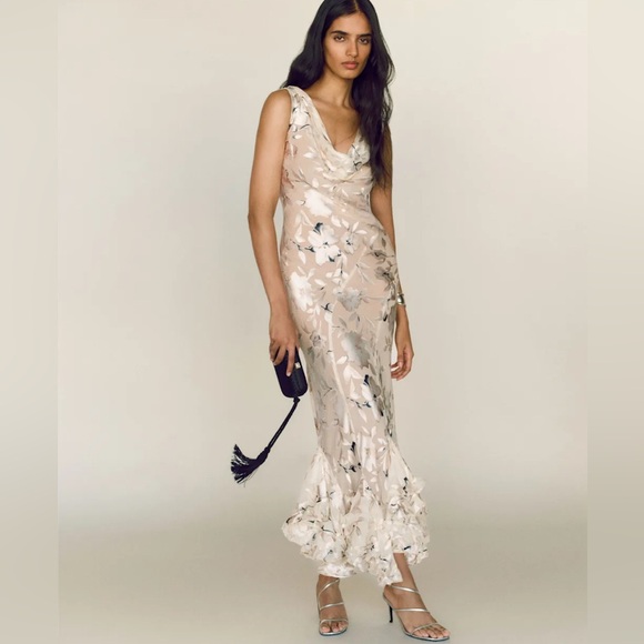 Reformation Evanthe Prosecco Blossom Silk Blend Ruffle Hem Maxi Dress 2 - Picture 2 of 9